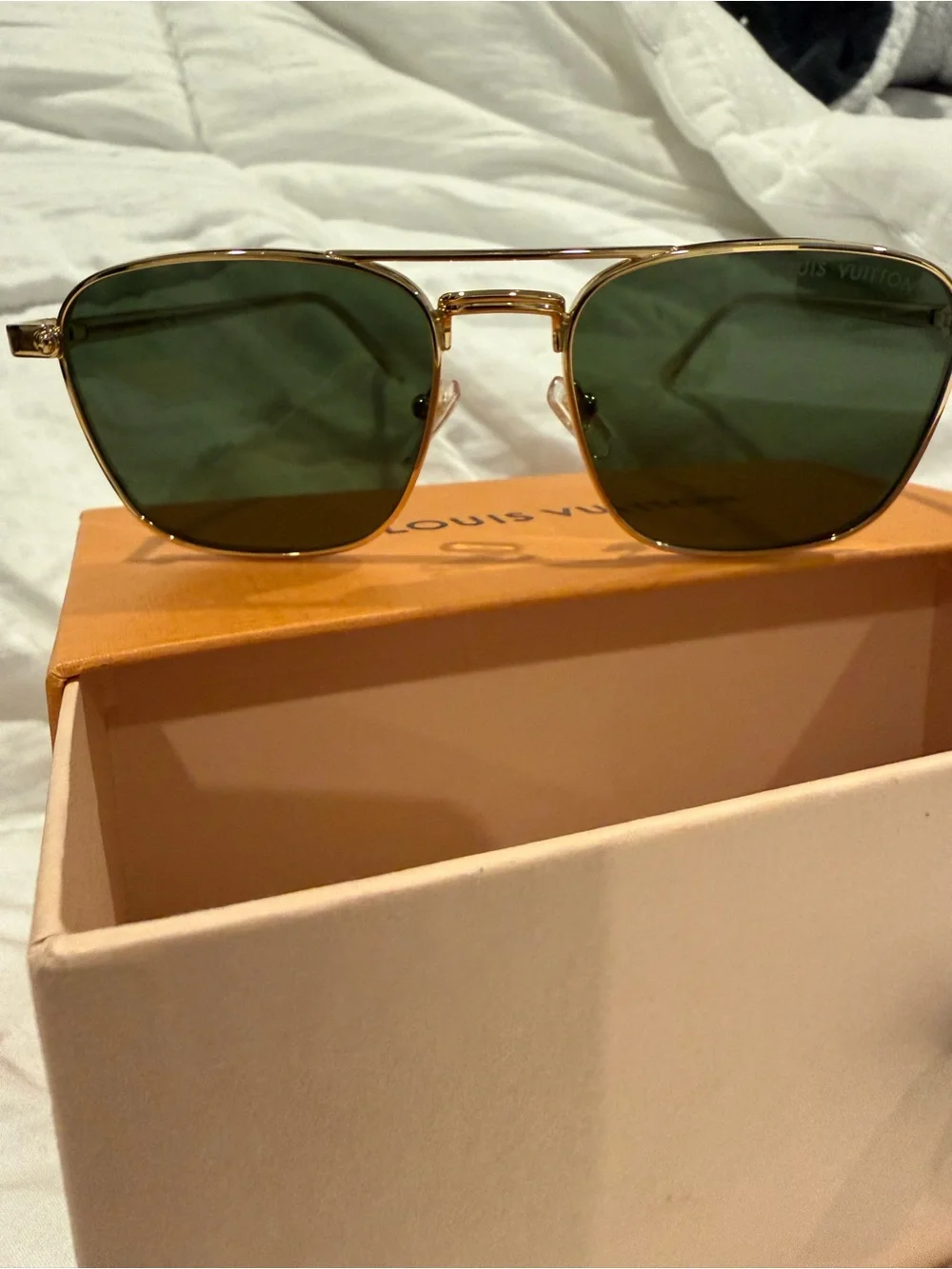 Louis Vuitton Gold Frame Sunglasses with Dark Green Lenses and Orange Box